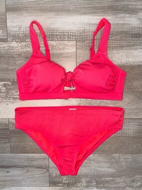 Neon Pink Ribbed Bikini Set Plus Size Colorblock Swimwear Knot Front Top 1X/X